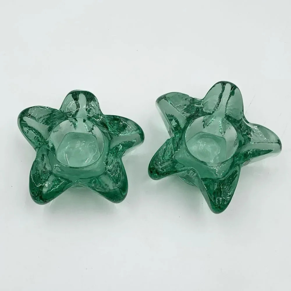 Set of 2 Green Glass Star Votive Candle Holders – Chunky Art Glass, Boho Decor